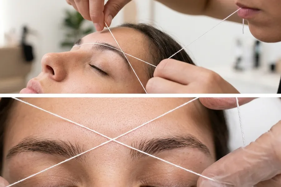 Specialist threading a client's eyebrows at Tally Brow Studio in Tallahassee